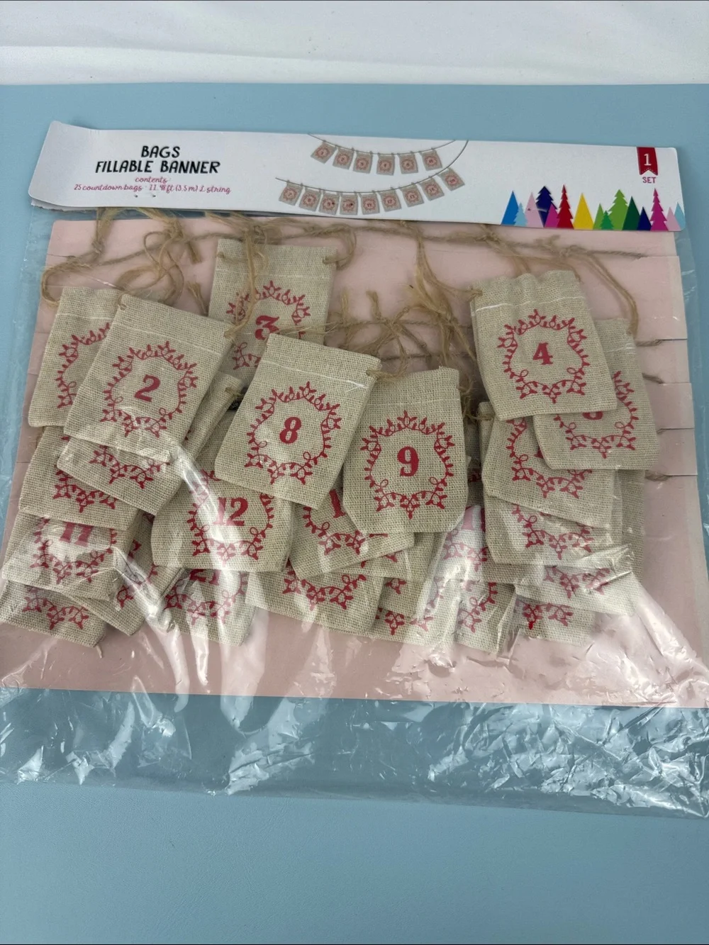 Advent Calendar Numbered Fillable Banner Bags - Red Stamped on Natural Burlap